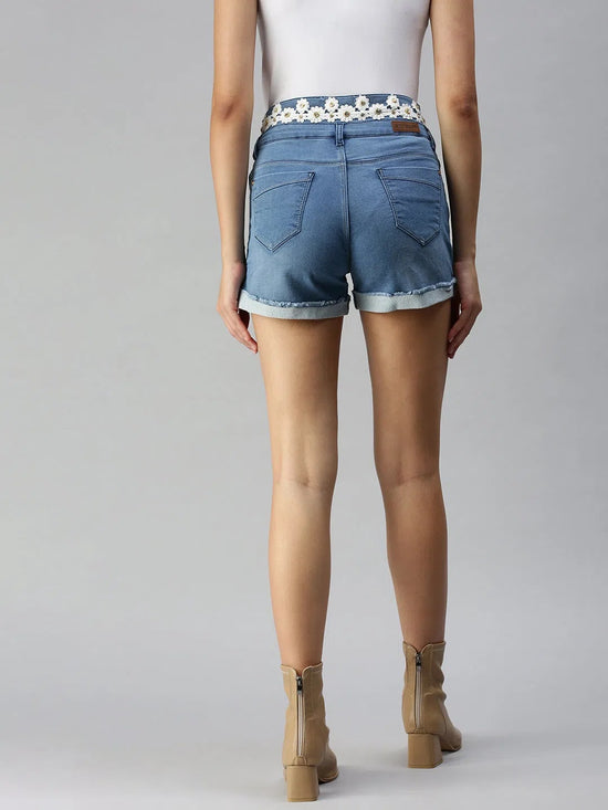 Women's Blue Solid Denim Shorts-S-5546-Blue