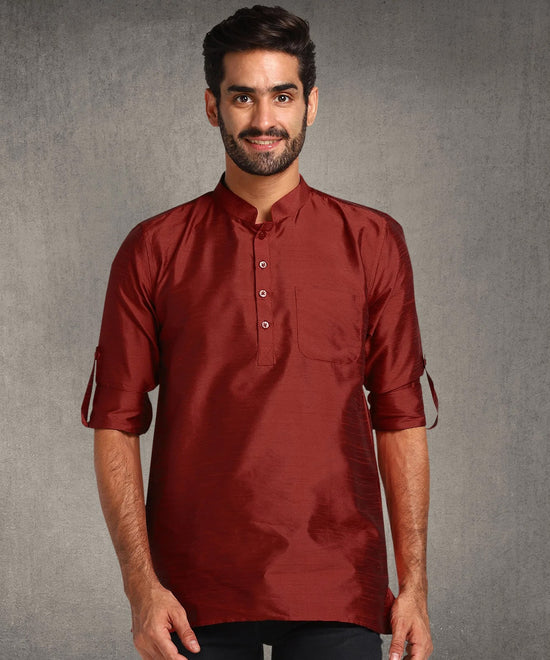 Hangup Men Standard Solid Men's Indian Wear-Maroon_Dupion_Short2Kurta