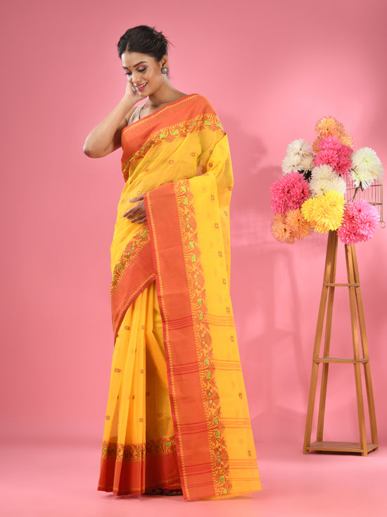 Bright Yellow Pure Cotton Tant Saree With Woven Designs-MA51TT43540054