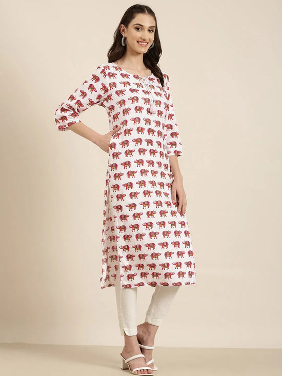 Women White Printed Straight Kurta-NJ-3613299-White