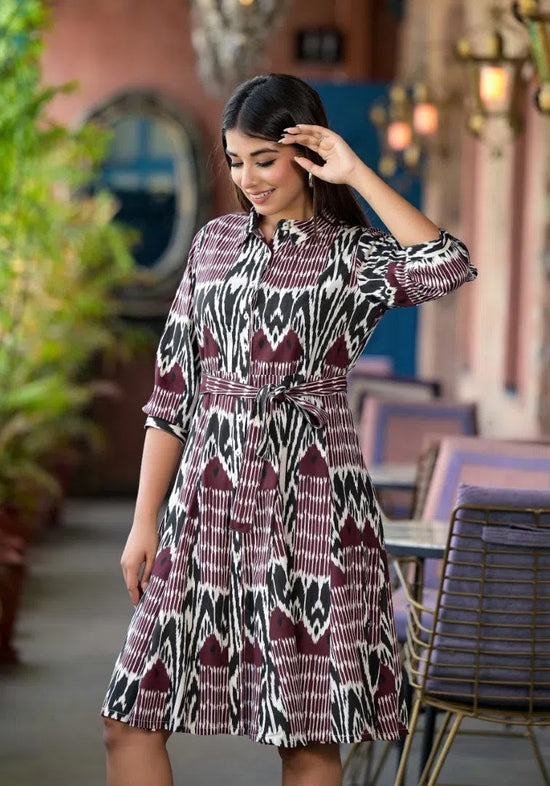 Muti Color Ikat Printed Liva Rayon Dress With Tie-Ups & Button Closure-J4815MULTI