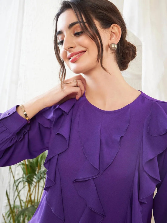 Women Purple Full Sleeves Ruffle Top