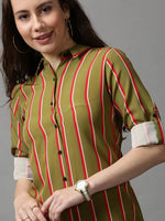 Women's Green Striped Longline Shirt-AE-10420-Olive