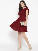 Frill sleeve deep back skater dress in Maroon