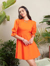 Women Orange Poplin Back Waist Cut-Out Short Dress