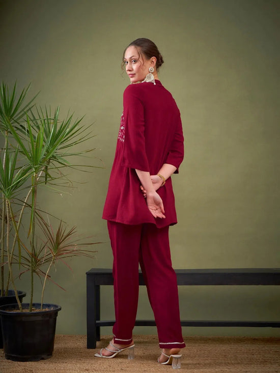 Women Maroon Yoke Embroidered Shirt With Palazzos