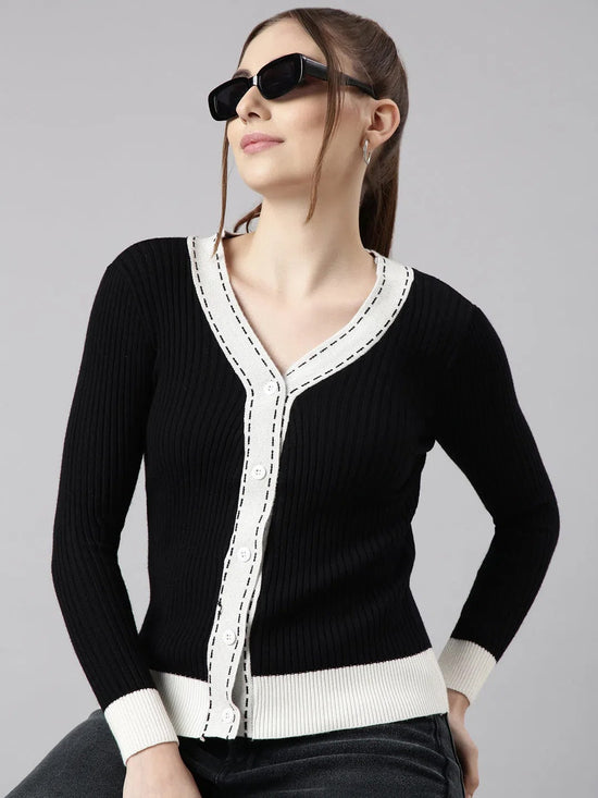 Women Colourblocked Black Regular Cardigan-SNC-8895-Black