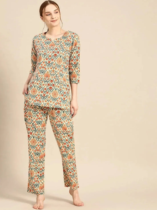 Kurta with Pyjama Set in Floral Block Print