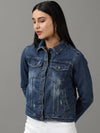 Women's Navy Blue Solid Denim Jacket-IM-9827-Navyblue