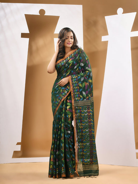 Dark Green Cotton Blend Handwoven Saree With Paisey Motifs-MA53BCT041400064