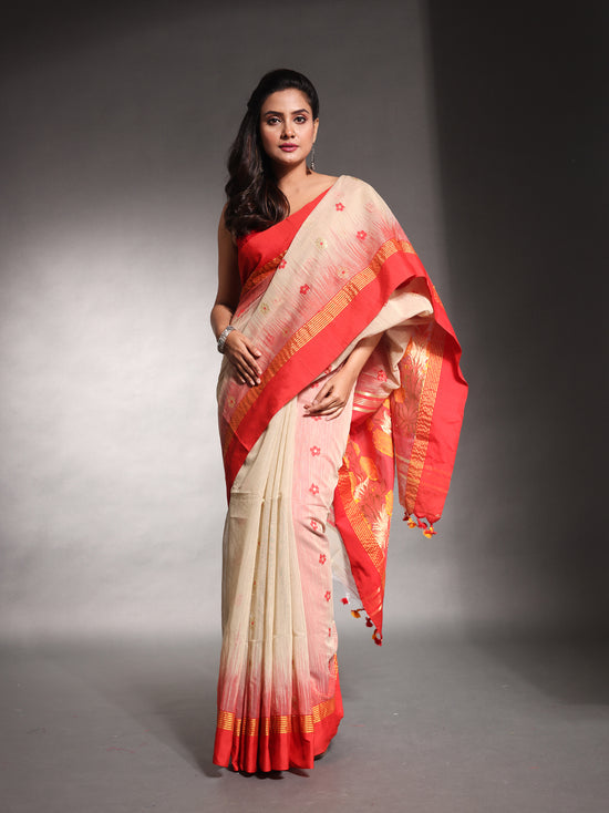 Ecru Cotton Soft Saree With Ikkat Style-MA54BCT041400024