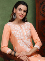 Ahika Women Peach Viscose Rayon Solid Embroidered Chikankari Straight Kurta