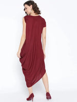 One side cowl asymettric dress with side floral print in Maroon