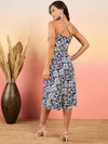 Overlap neck Flared midi Dress in Blue Ikkat Print