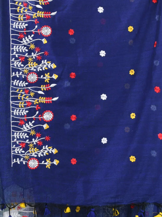 All Over Thread Floral Embroidery Blue Cotton Saree-MA62CT33610077