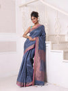 All Over Zari Weaving Grey Cotton Saree With Zari Borders-MA64BCT401380030