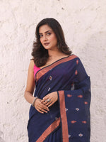 Navy Blue Cotton Saree With Woven Designs And Zari Border-MA54BCT041380040