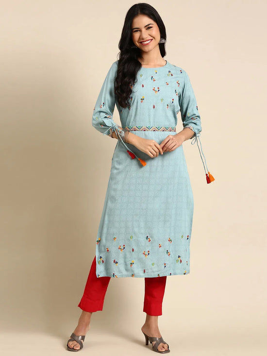 Women's Turquoise Blue Printed Straight Kurta-GW-833-Turquoiseblue