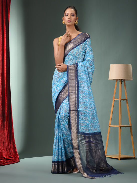 Sky Blue Blended Silk Handwoven Ajrakh Print Saree-MA50BSL34830021