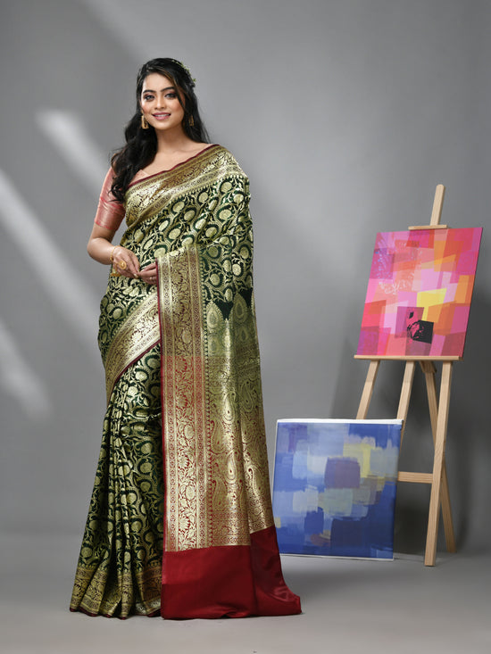 Dark Green Silk Banarasi Saree With Zari Woven Floral And Paisley Designs-MA52BSL441050005