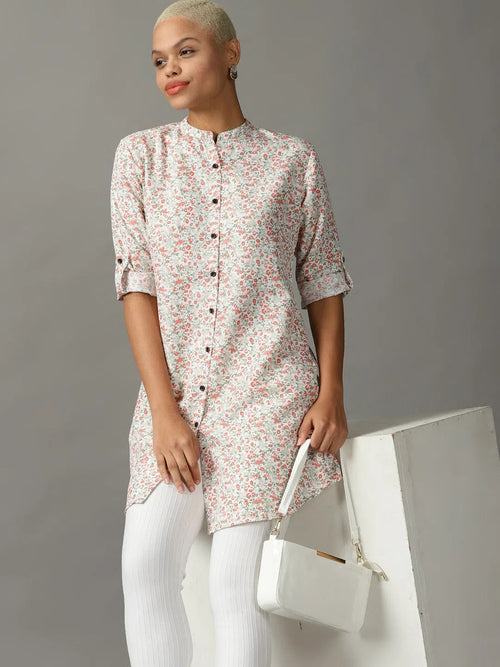 Women's White Printed Longline Shirt-AE-444109-White