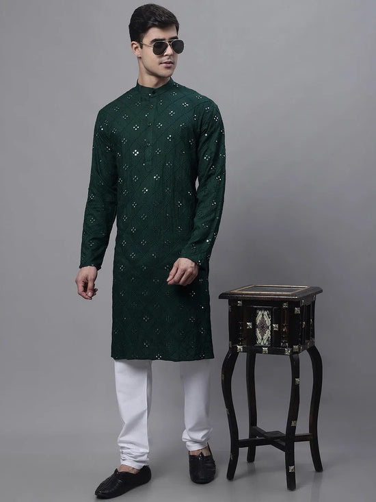 Men's Olive Green Embroidered Mirror Work Kurta Pyjama-JOKP-646Olive