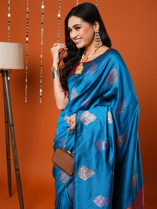 Saree Mall Women's  Blend Blue Woven Design Designer Saree With Blouse Piece-17PAKHI1804