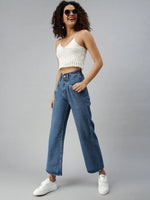 Women's Blue Solid Denim Wide Leg Jeans-GZ5042A-Blue