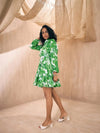 Women Green Leaf Print Flared Dori Belt Shirt Dress