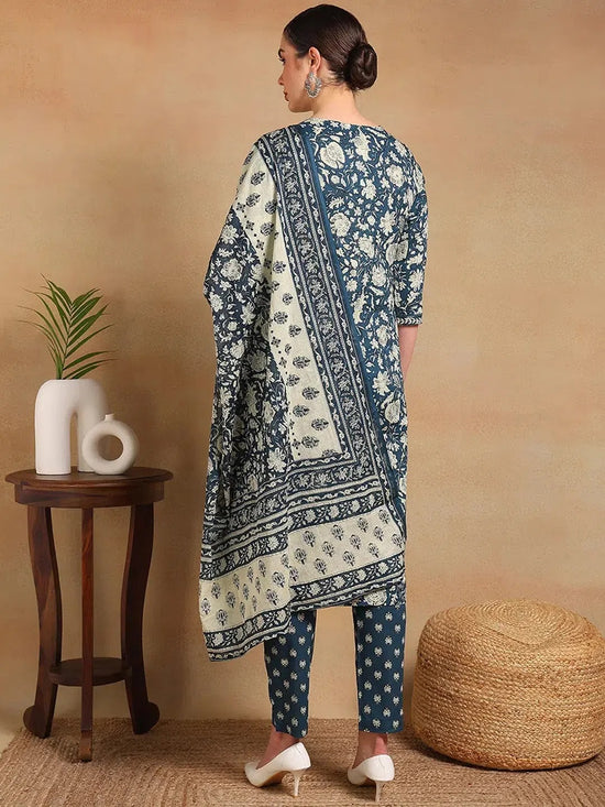 Ahika Women Blue Cotton Printed Straight Kurta Pant Set-VKSKD2084_S