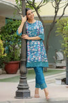 Vaasva Women Cyan Embroidered Printed  Kurta Set With Laced Solid Pants-141-Vaas-Cyan