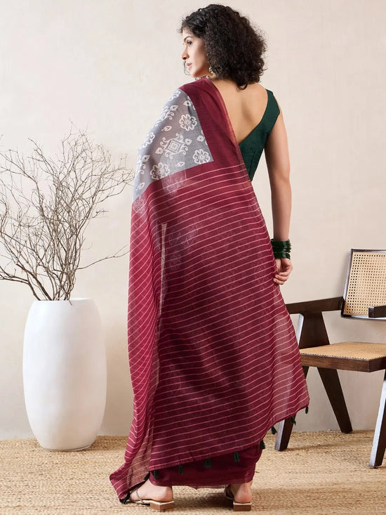 Ahika Women Grey Linen Ikat Printed Saree-VFSAR1032