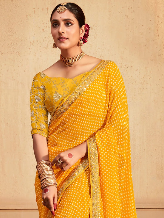 Saree Mall Women's Georgette Yellow Zari Embroidered Designer Saree With Blouse Piece-VIHANA1011