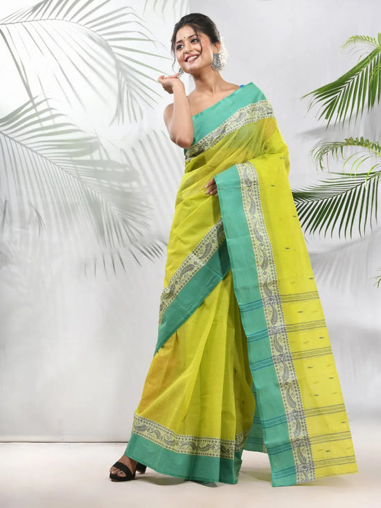 Lime Green Pure Cotton Tant Saree With Woven Designs-MA51TT43470116