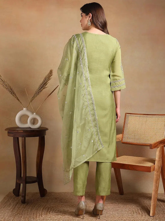 Ahika Women Olive Silk Blend Embroidered Straight Kurta Pant Set