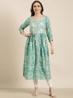 Women Anarkali Turquoise Blue Floral Kurta-AT-1180-LG-Turquoiseblue