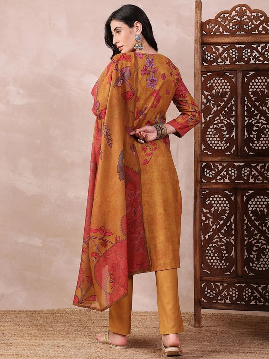 Ahika Women Mustard Silk Blend Floral Printed Straight Kurta Trouser With Dupatta-PKSKD2548YLW