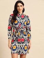 Front tie up shirt dress in Blue and Pink Ikkat Print