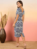 Pencil fit printed Midi Dress with back slit in Blue Ikkat Print