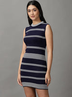 Women's Navy Blue Striped Bodycon Dress-BEC-2-Navyblue