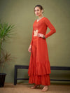 Women Red Crop Top With Tiered Sharara & Shrug