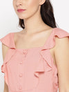 Frill sleeve front button skater dress in dusty pink