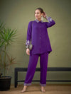 Women Purple Collar And Sleeve Embroidered Shirt With Palazzos