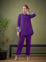 Women Purple Collar And Sleeve Embroidered Shirt With Palazzos