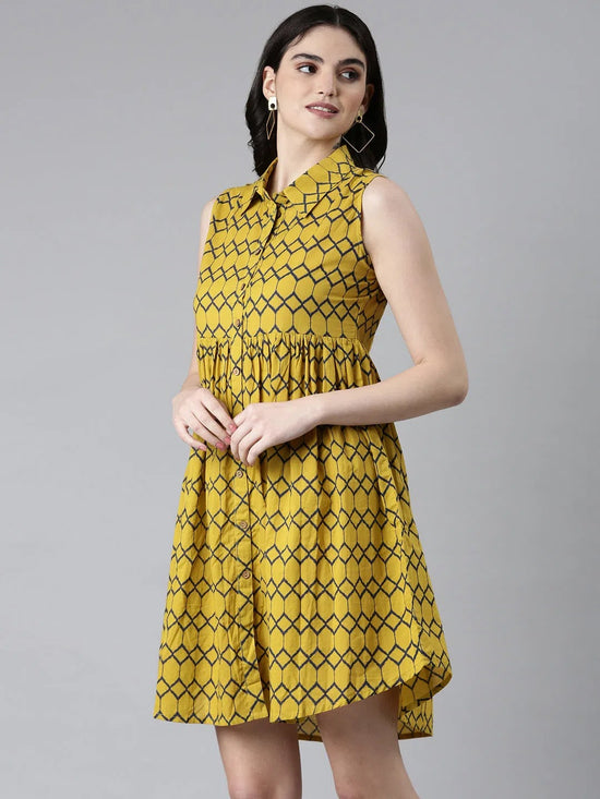 Women Mustard Geometrical A-Line Dress-RE-166-Mustard