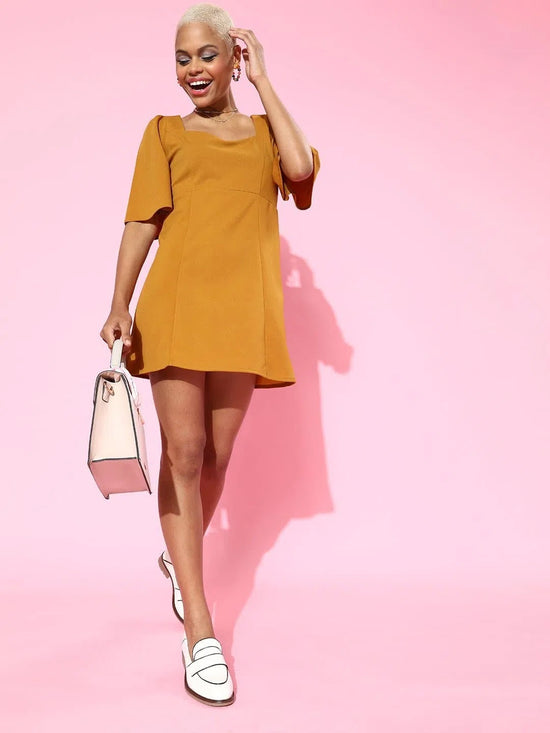 Mustard Sweetheart Neck Short Dress