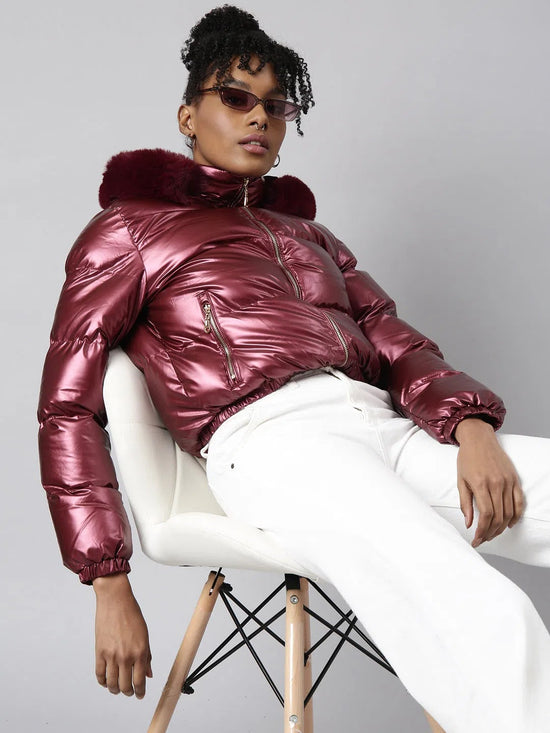 Women Solid Maroon Puffer Jacket Comes with Detachable Hood-8815-Maroon