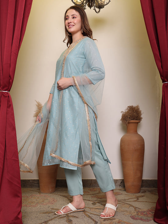 Avanshee Women's Latest Embroidred Chanderi Kurta, Pant With Dupatta Set-ES-7539SKY