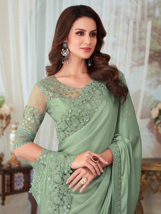 Saree Mall Women's  Blend Light Green Embellished Designer Saree With Blouse Piece-SILVER27003B