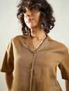 Women Khaki Tencel Notch Collar Crop Shirt